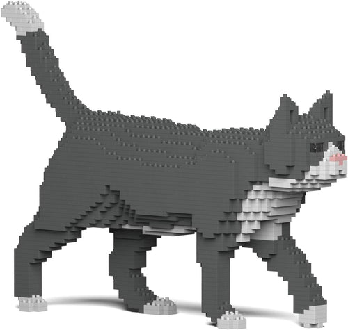 Grey and white tuxedo cat brick sculpture