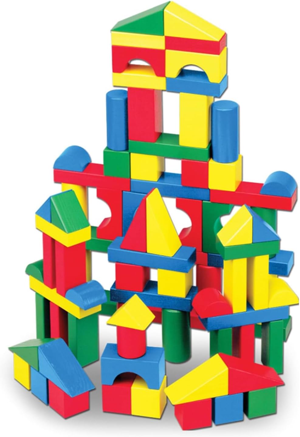 Wooden blocks in four colors and nine shapes sorted into groups