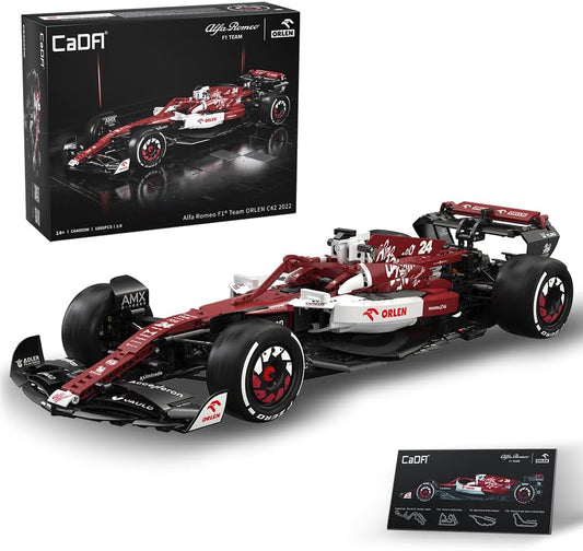 Brick-built red and white 1:8 scale open-wheel race car with front and rear wings