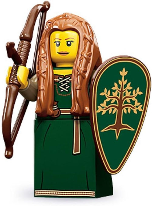 Forest maiden minifigure in green with a bow standing on a display base