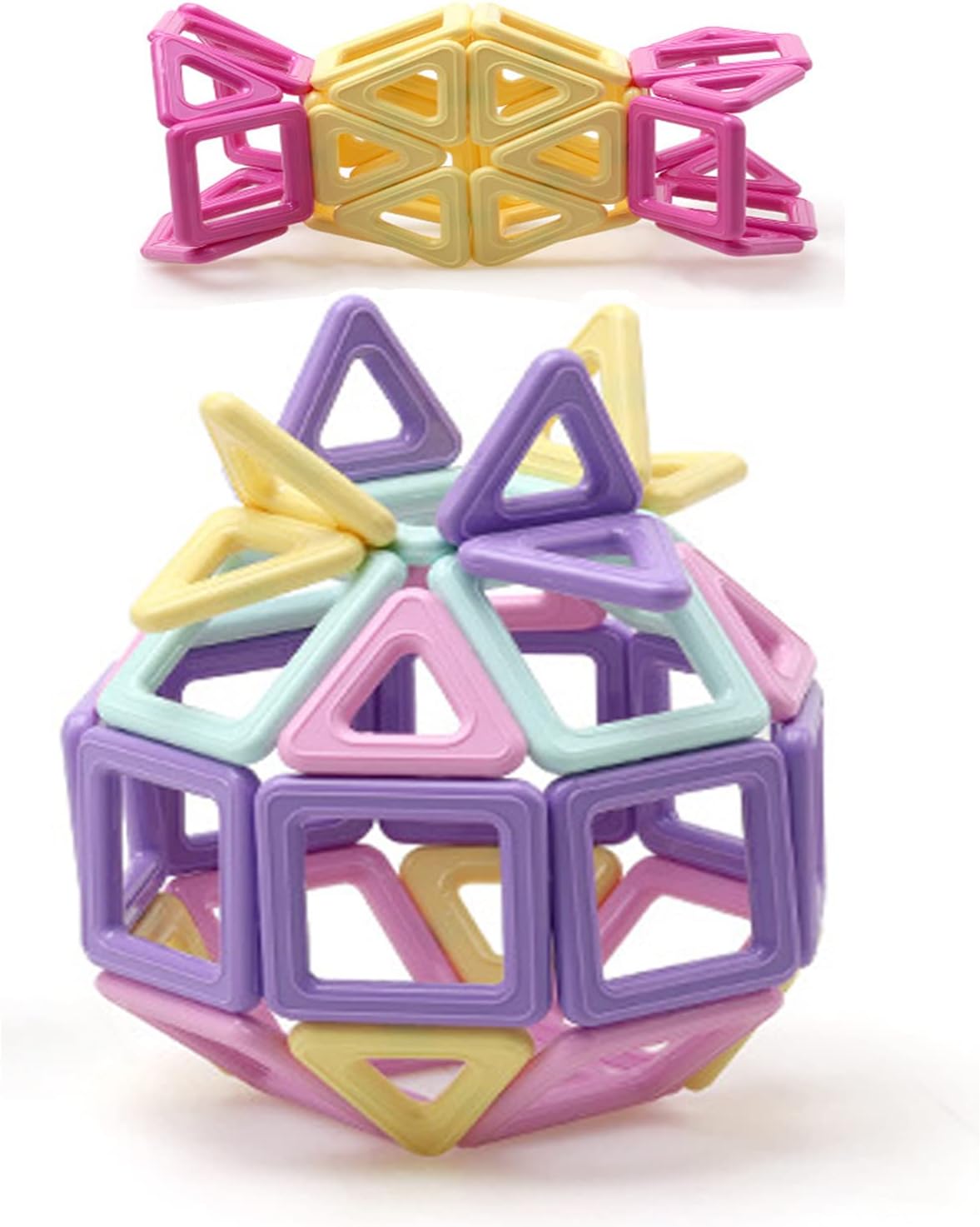 Translucent colorful magnetic tiles snapped together into a small tower and house shape