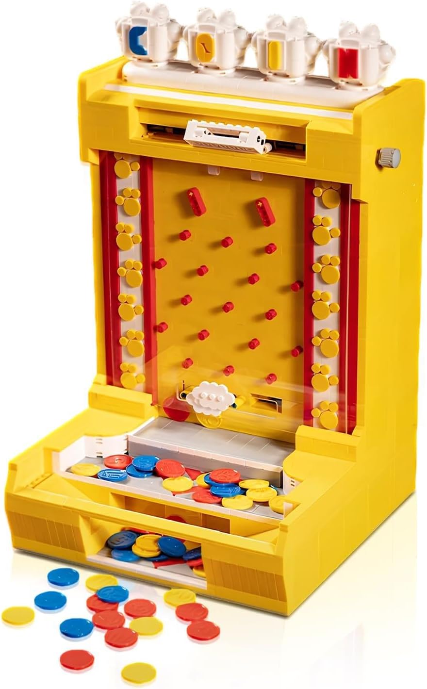 Brick-built coin pusher arcade machine with coins on the platform