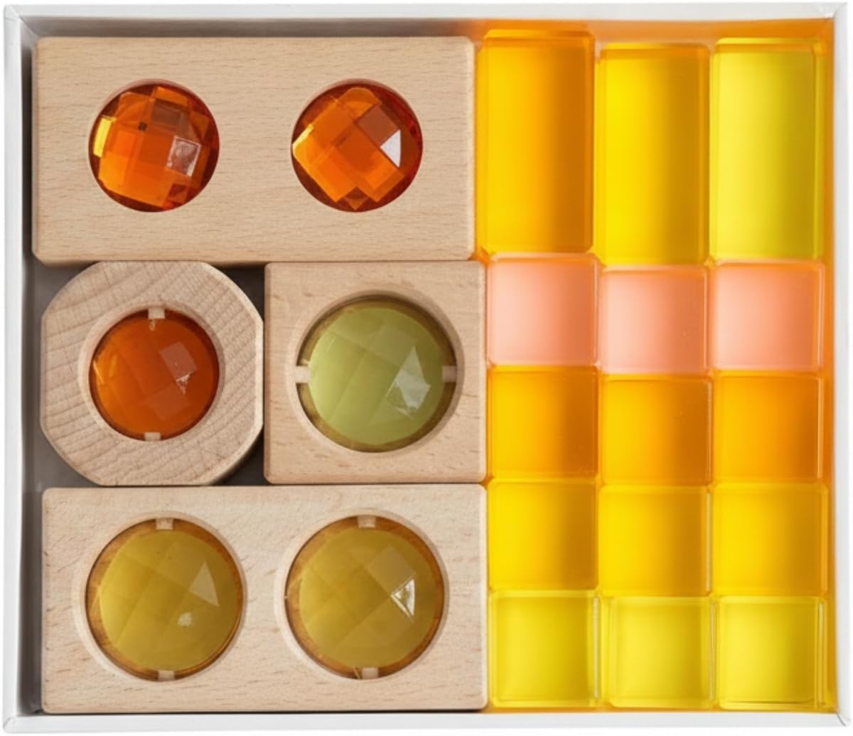 Wooden blocks stacked with translucent yellow acrylic geometric shapes
