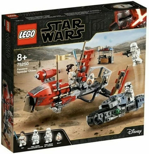 Two brick-built desert hover speeders on transparent stands with four figures