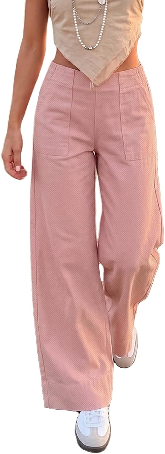 Women's Elastic Waist Wide Leg Jeans - Full Length Baggy Denim Pants for Relaxed Everyday Wear - Small