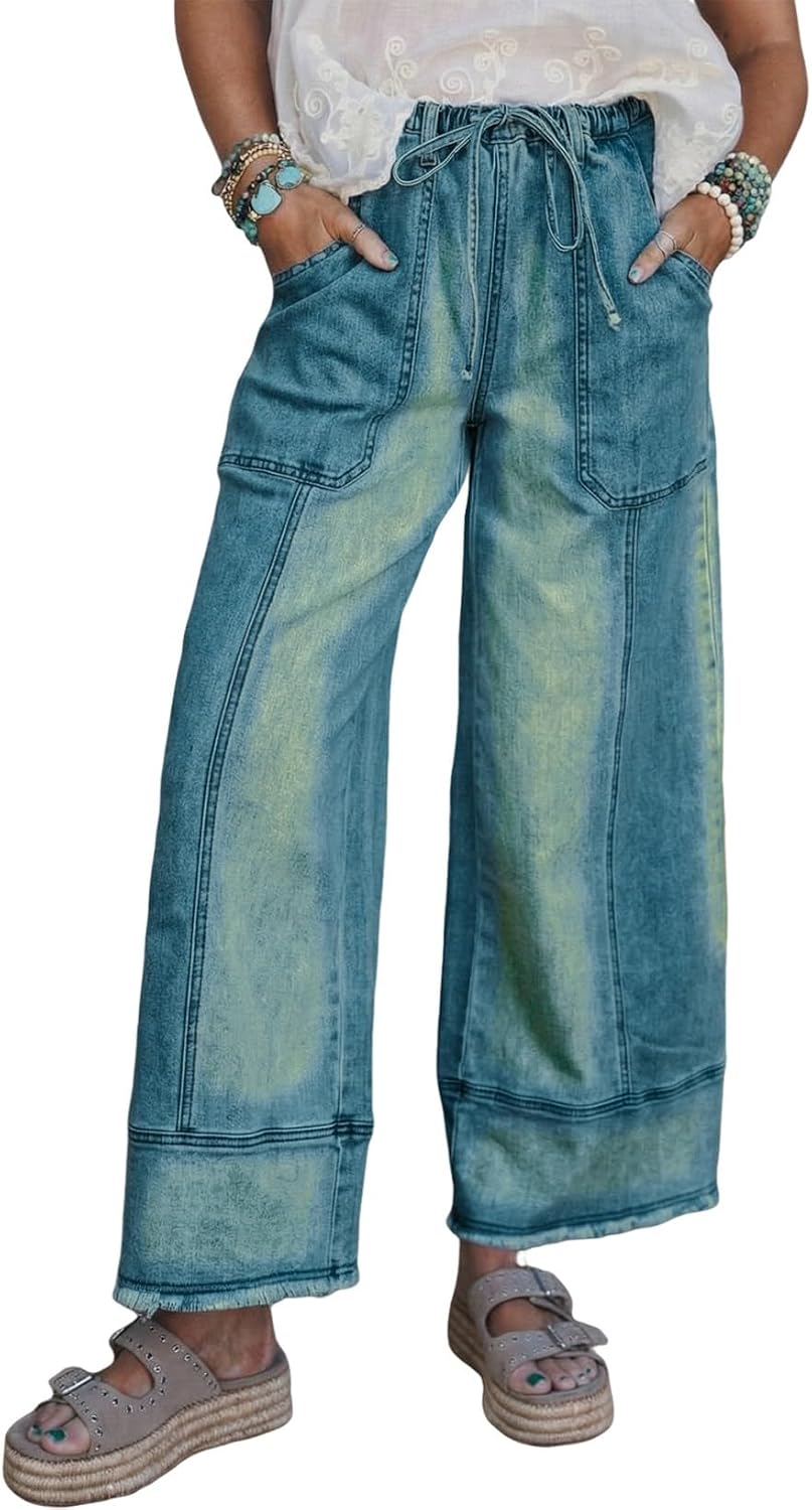 Women's High Waisted Wide Leg Jeans - Baggy Stretch Denim with an Adjustable Drawstring Waist - 4