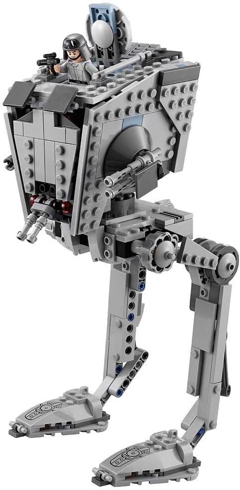 Brick-built gray two-legged sci-fi scout walker with three minifigures