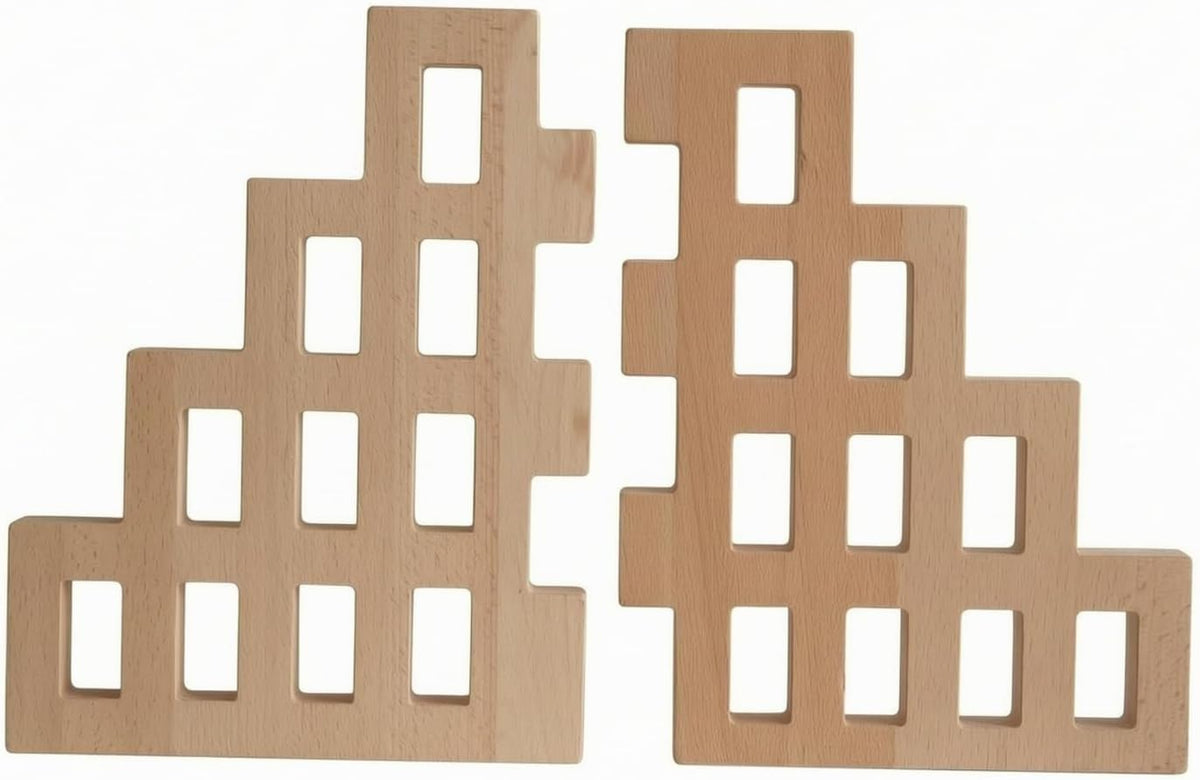 Two light beech wood house-shaped panels slotted together on a shelf