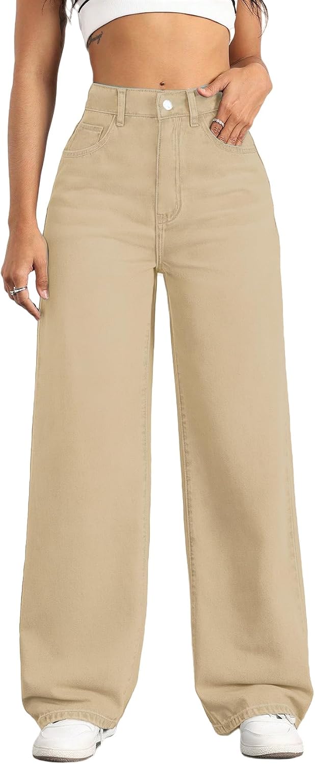 Women's High Rise Straight Leg Jeans - Baggy Boyfriend Denim with Five Pockets for Casual Wear - Apricot
