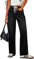 Women's High Rise Straight Leg Jeans - Stretch Denim with an Adjustable Drawstring and Pockets - 2