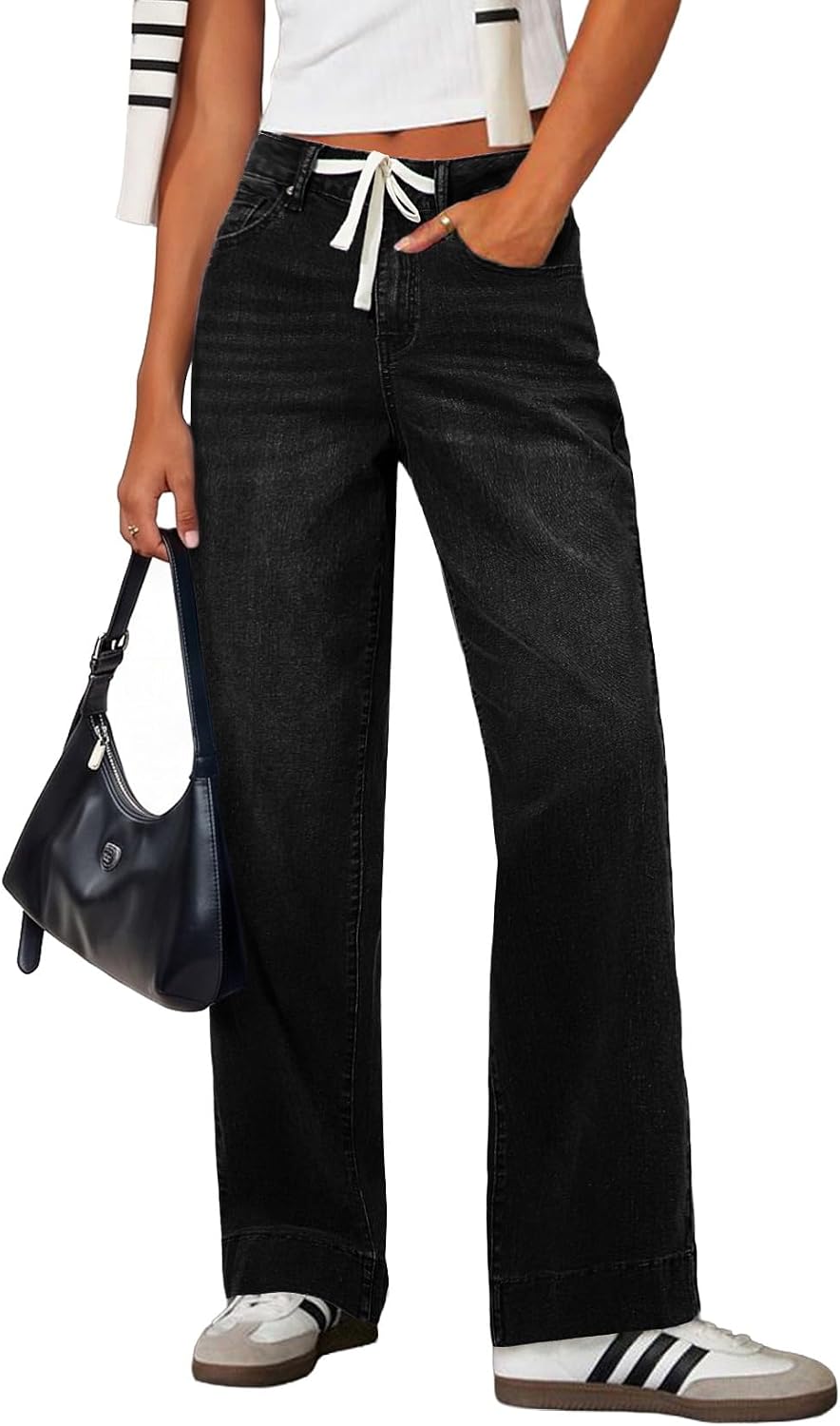 Women's High Rise Straight Leg Jeans - Stretch Denim with an Adjustable Drawstring and Pockets - 2