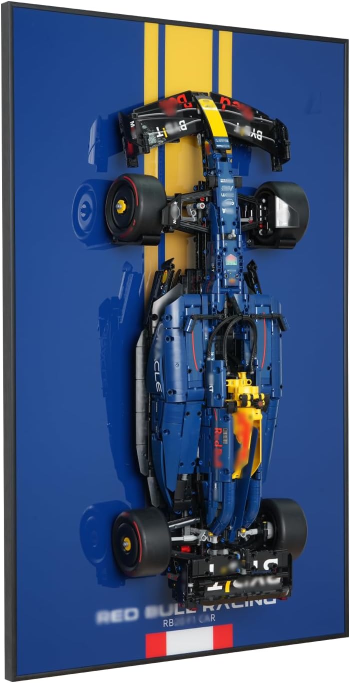 Large brick race car model mounted on a wall display board – view 7