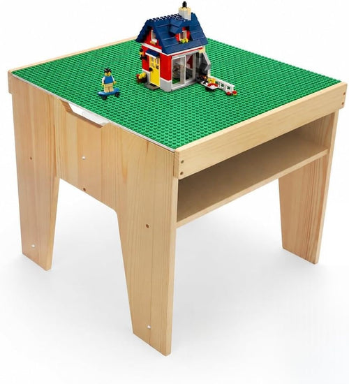 Compact kids building table with green baseplate top and side storage openings