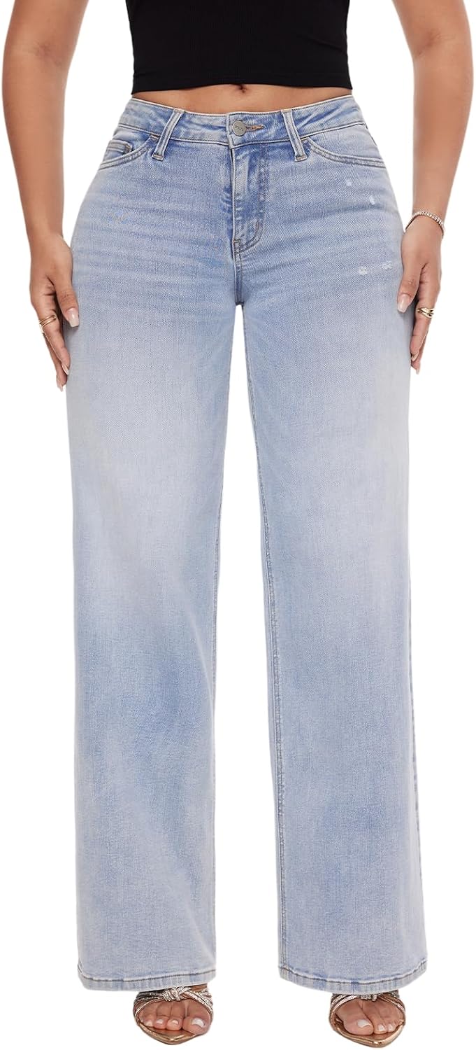 Women's Mid Low Rise Wide Leg Jeans - Baggy Stretch Denim with Elastic Waist and Distressed Detail - 28"(Petite)