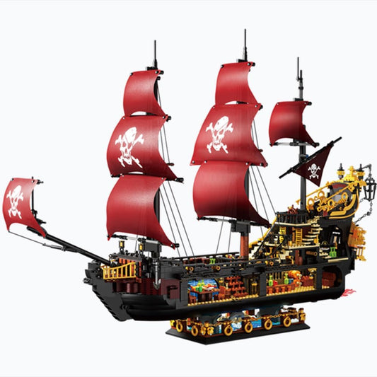 Mini block red pirate ship with sails and glowing lights