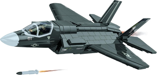 Gray brick-built stealth fighter jet at 1:48 scale with angled wings and twin tail fins