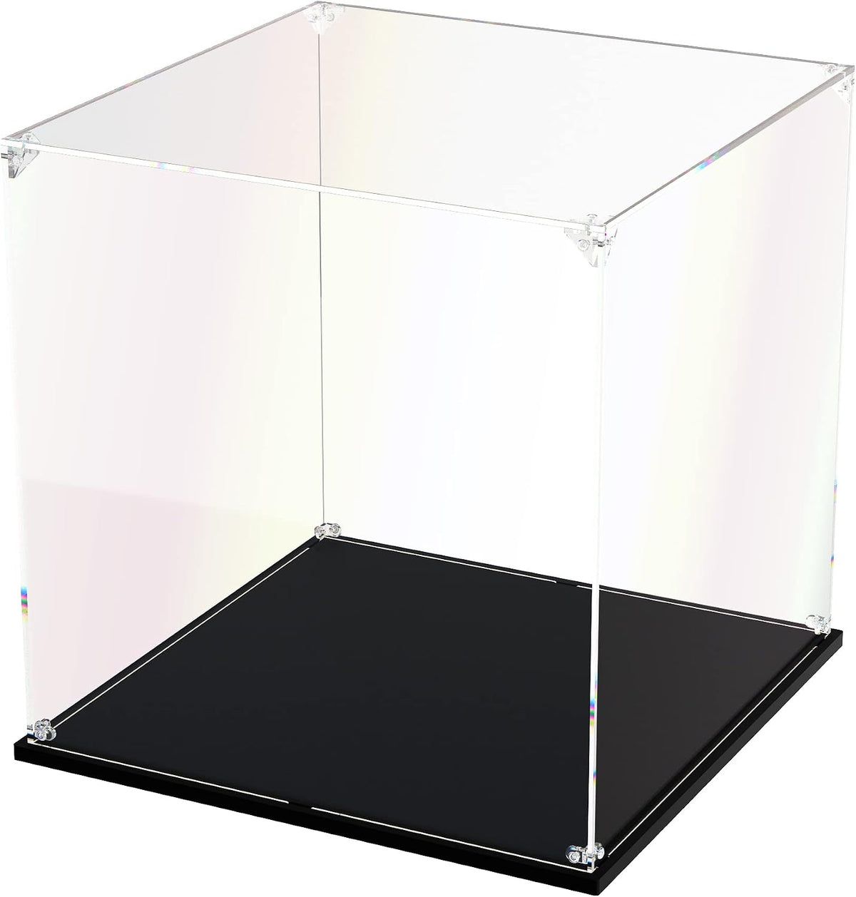 Clear acrylic display box holding a round superhero shield brick model – view 2