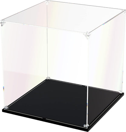 Clear acrylic display box holding a round superhero shield brick model – view 2