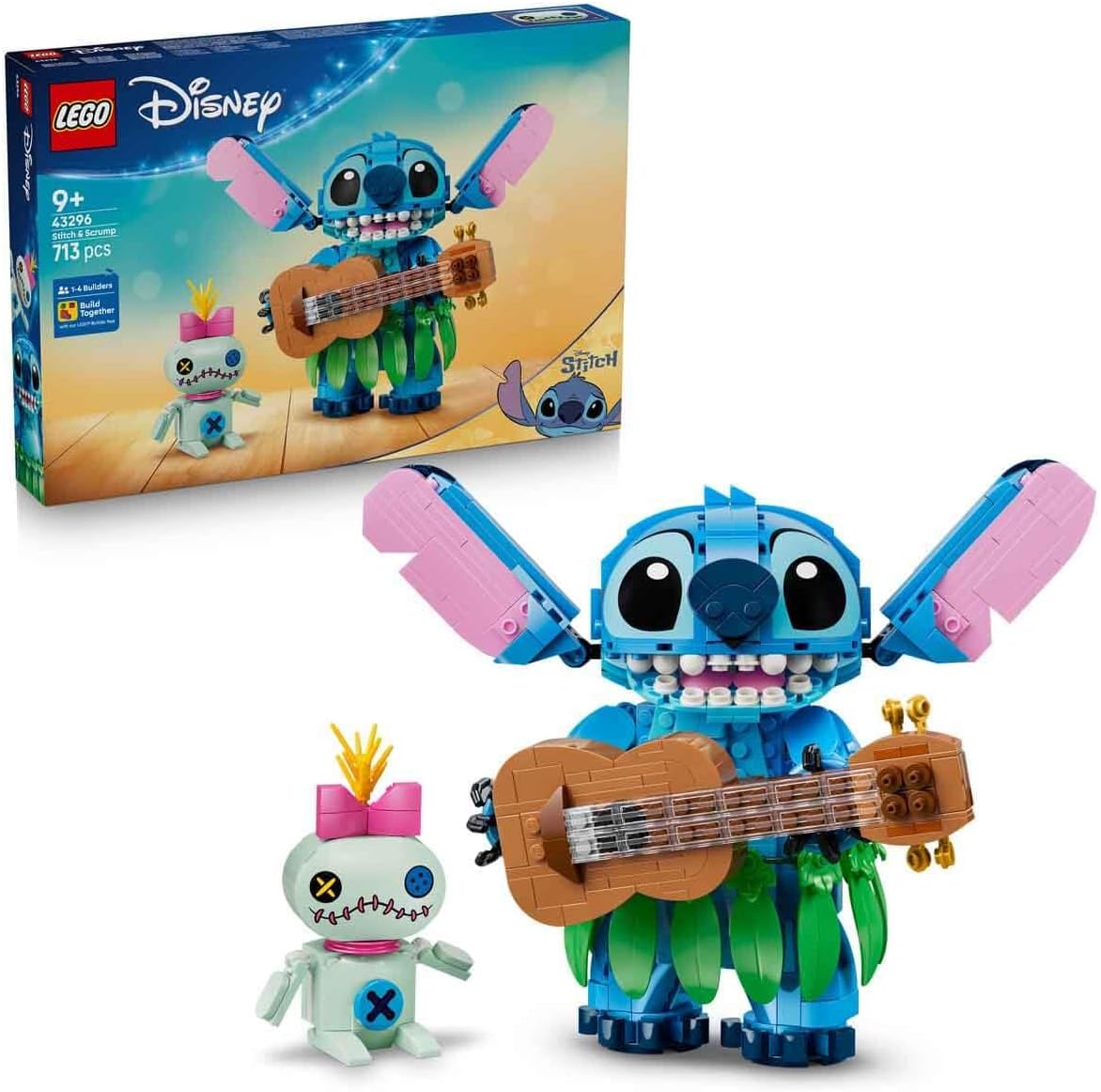 Brick-built big-eared alien creature holding a ukulele beside a rag doll