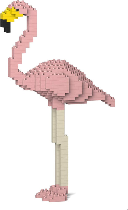 Pink brick-built flamingo sculpture standing on one leg