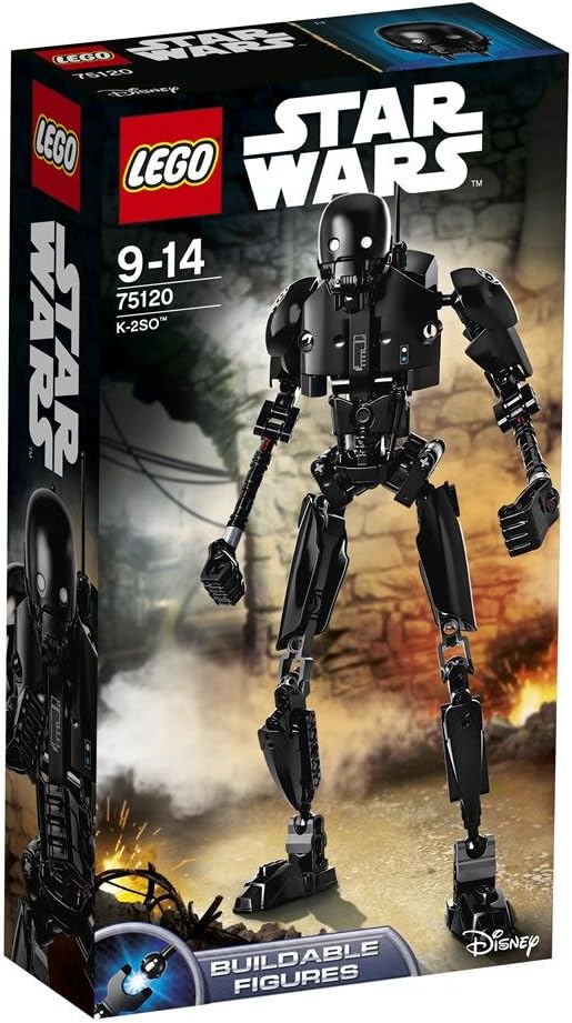 Tall black brick-built security robot figure with posable arms and legs