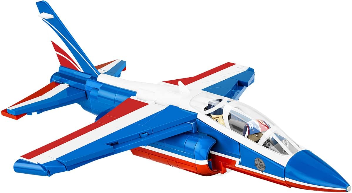 Brick-built light attack trainer jet model in aerobatic display team colors