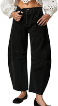 Women's Vintage Wash Barrel Jeans - Mid Rise Loose Wide Leg Cropped Denim for Weekend Outfits - Small