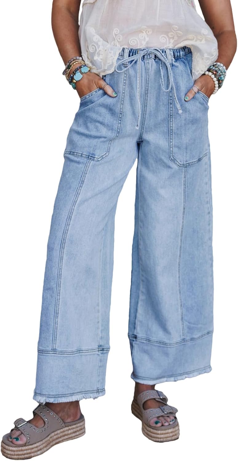 Women's High Waisted Wide Leg Jeans - Baggy Stretch Denim with an Adjustable Drawstring Waist - 4