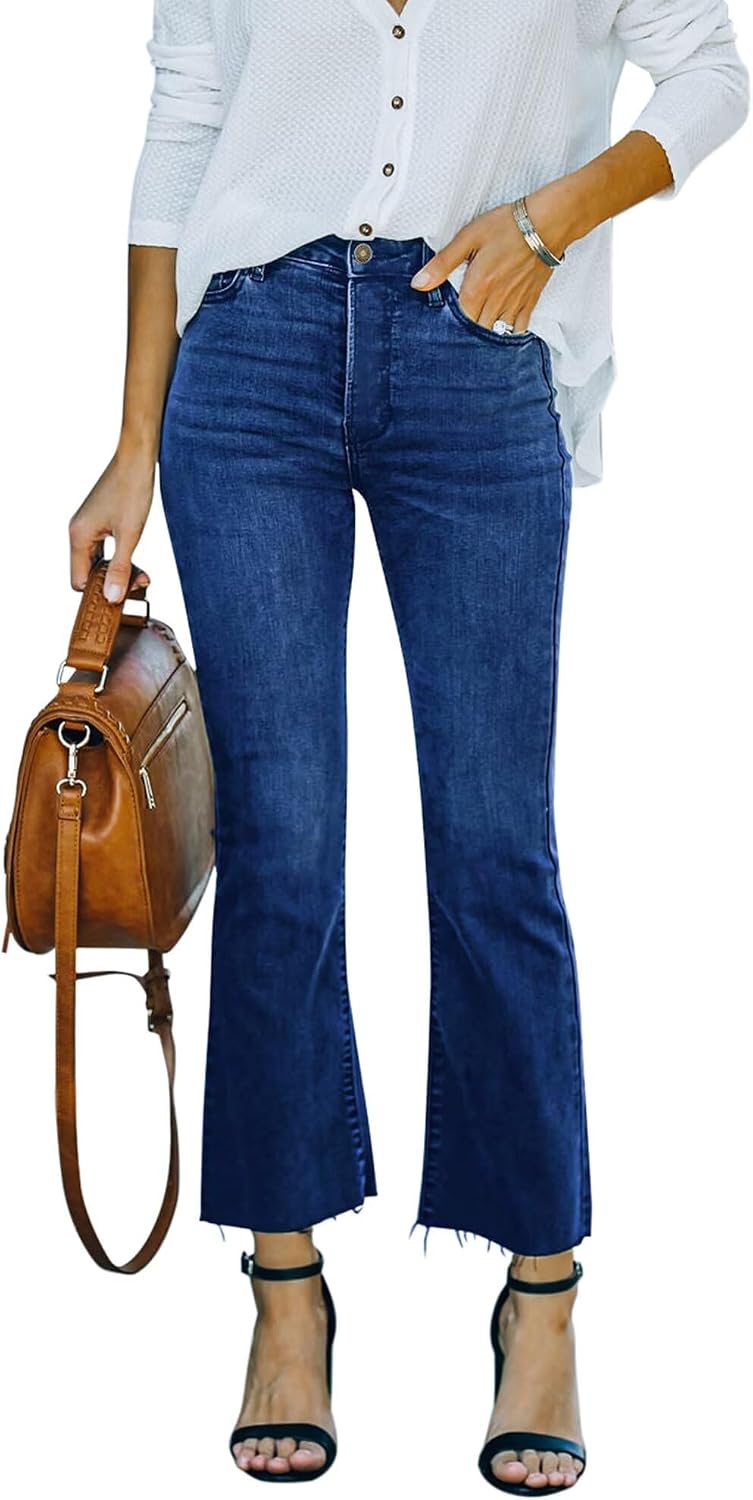 Women's Stretch Denim Flare Jeans - High Rise Raw Hem Ankle Crop with Bootcut Leg for Daily Wear - 4