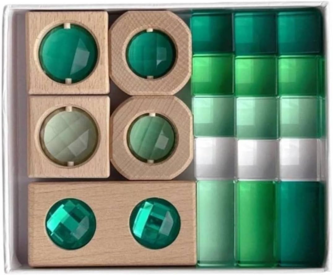 Wooden blocks with blue acrylic window insets and clear geometric shapes arranged in a tray – view 2