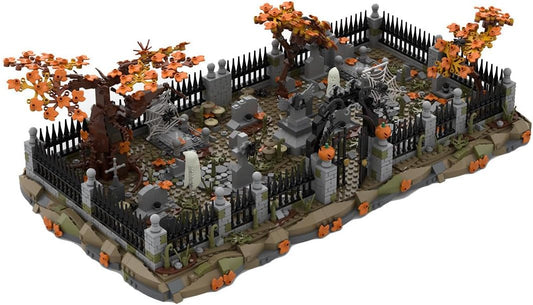 Brick-built haunted graveyard with black iron gate, tombstones and twisted tree