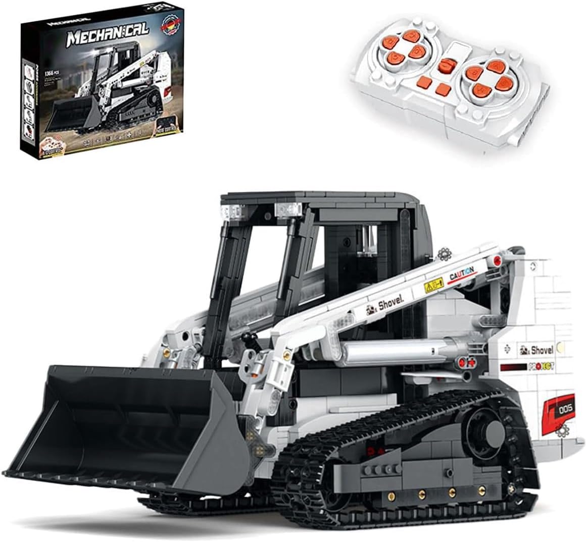 Brick-built yellow tracked loader with front bucket and remote control