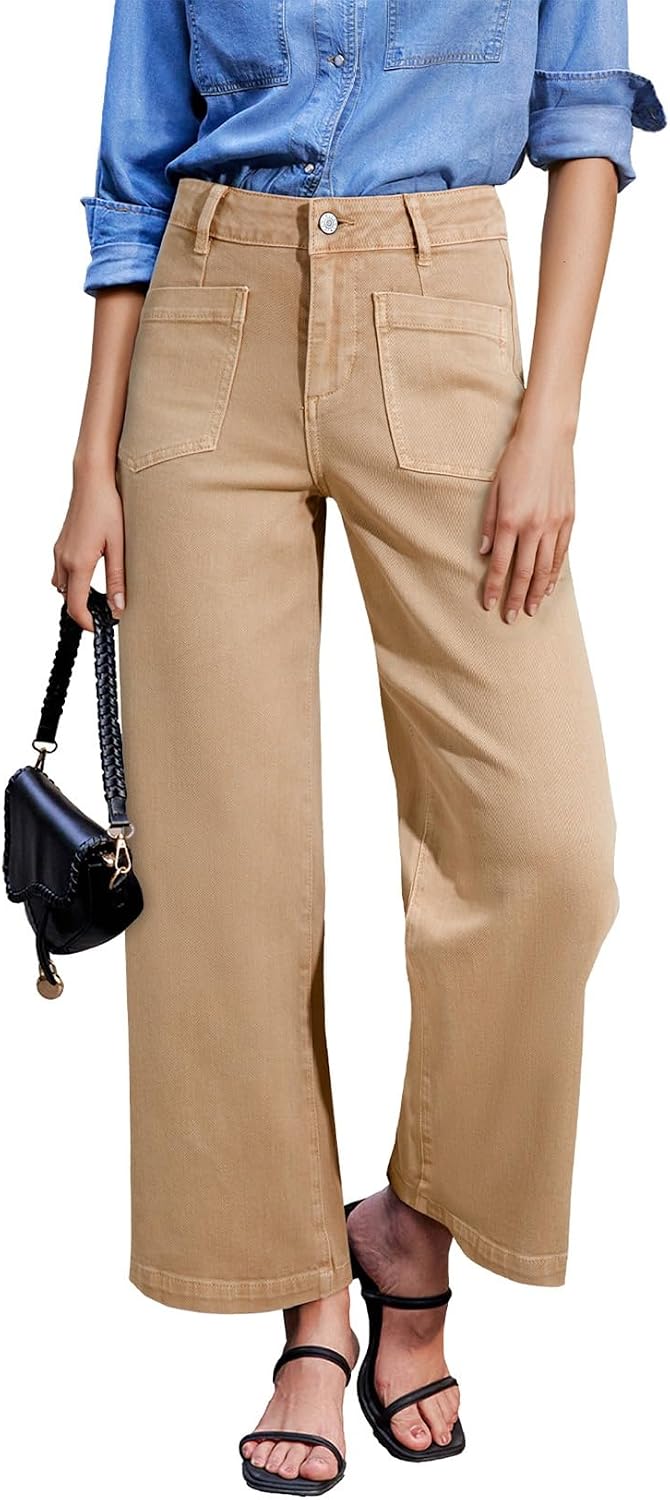Women's Wide Leg Ankle Jeans - High Waisted Stretch Denim with Four Patch Pockets and Distressing - 2