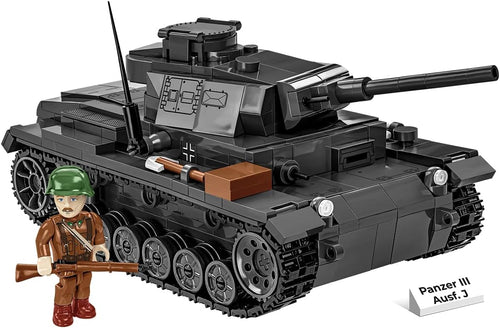 Grey brick-built WWII German medium tank with turret and tracks