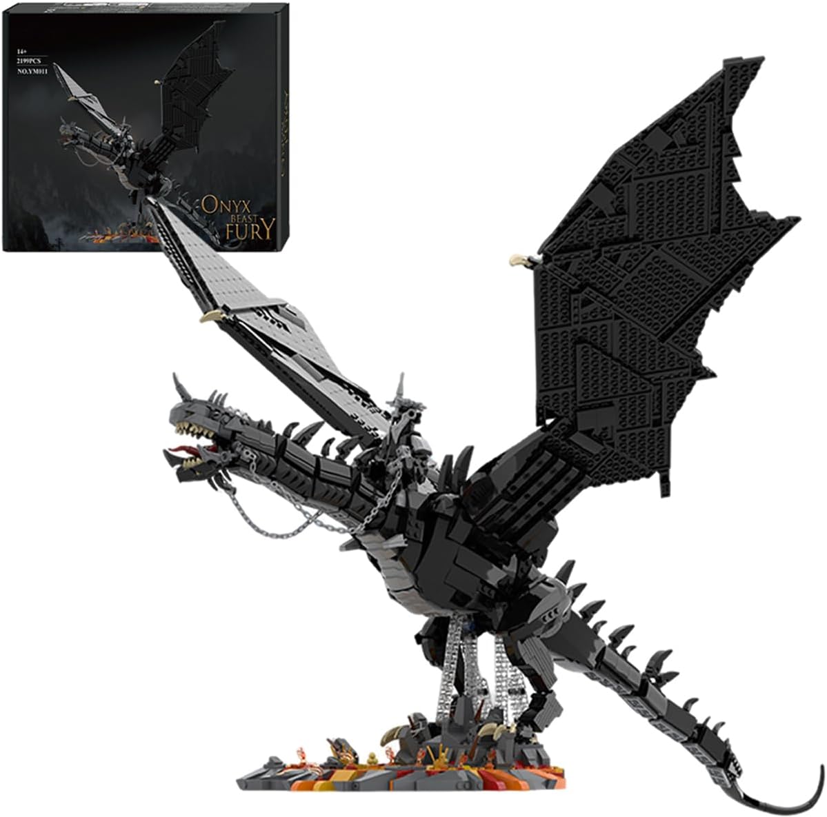 Large dark brick dragon with spread wings and long tail