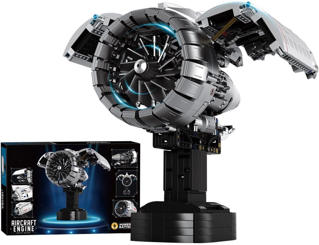 Built turbofan jet engine brick model with exposed fan blades and engine core