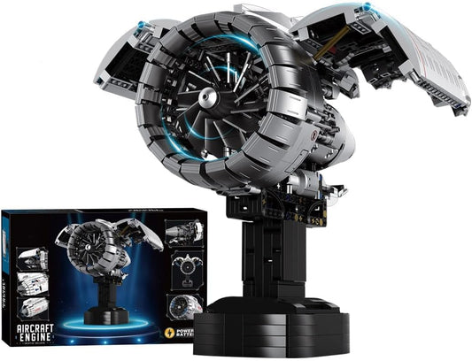 Built turbofan jet engine brick model with exposed fan blades and engine core