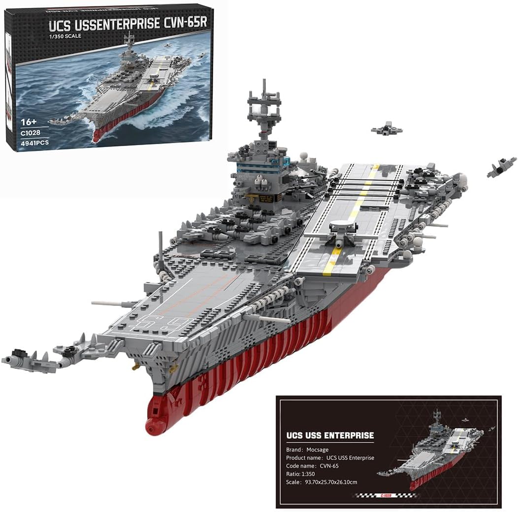 Built grey aircraft carrier brick model with planes on the flight deck, side view
