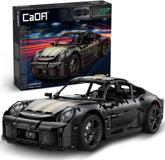 Brick-built sports coupe with gold stripe livery and doors open