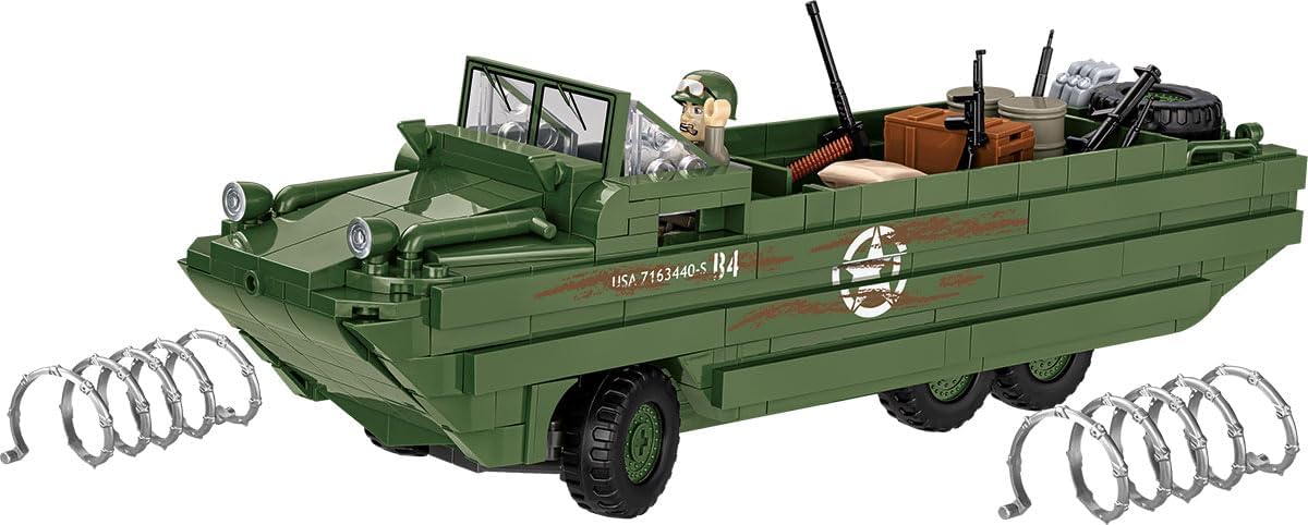Brick-built olive green WWII amphibious truck with boat-shaped hull