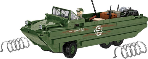 Brick-built olive green WWII amphibious truck with boat-shaped hull