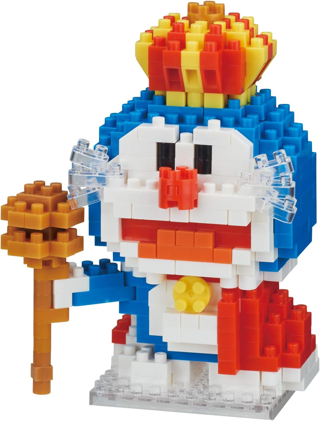 Tiny micro block figure of a blue robot cat wearing a red king cape and crown