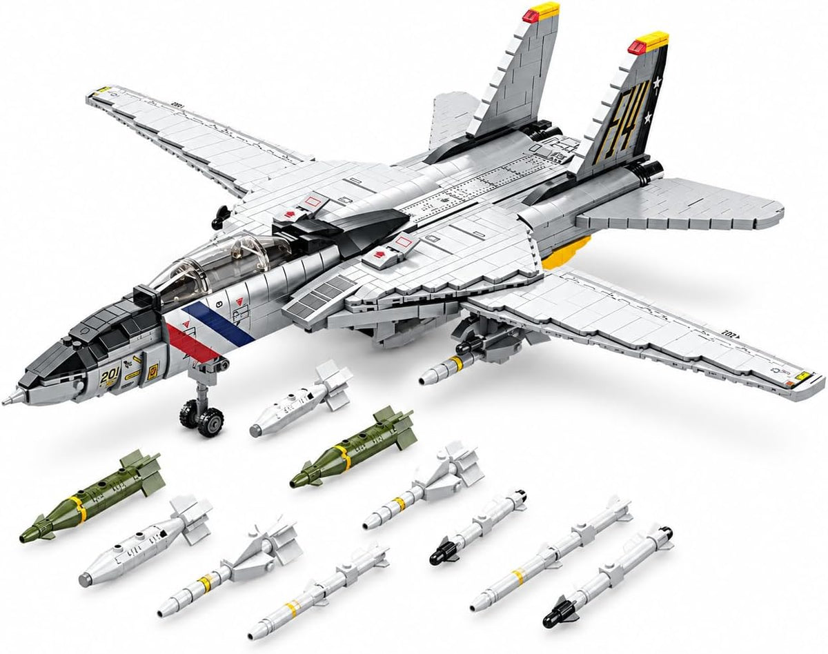 Brick-built swing-wing navy fighter jet with missiles and landing gear down