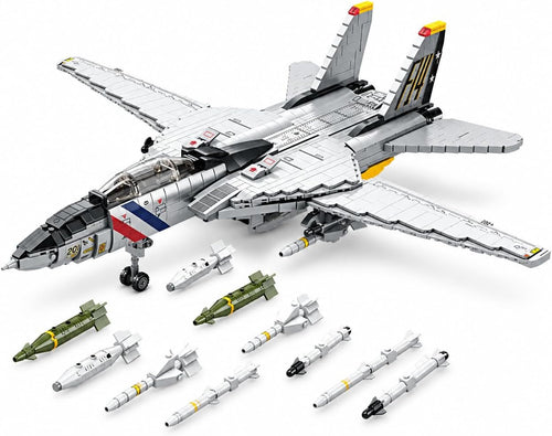Brick-built swing-wing navy fighter jet with missiles and landing gear down