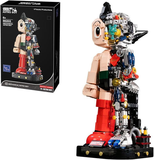 Brick-built retro robot boy figure in clear parts showing internal mechanics