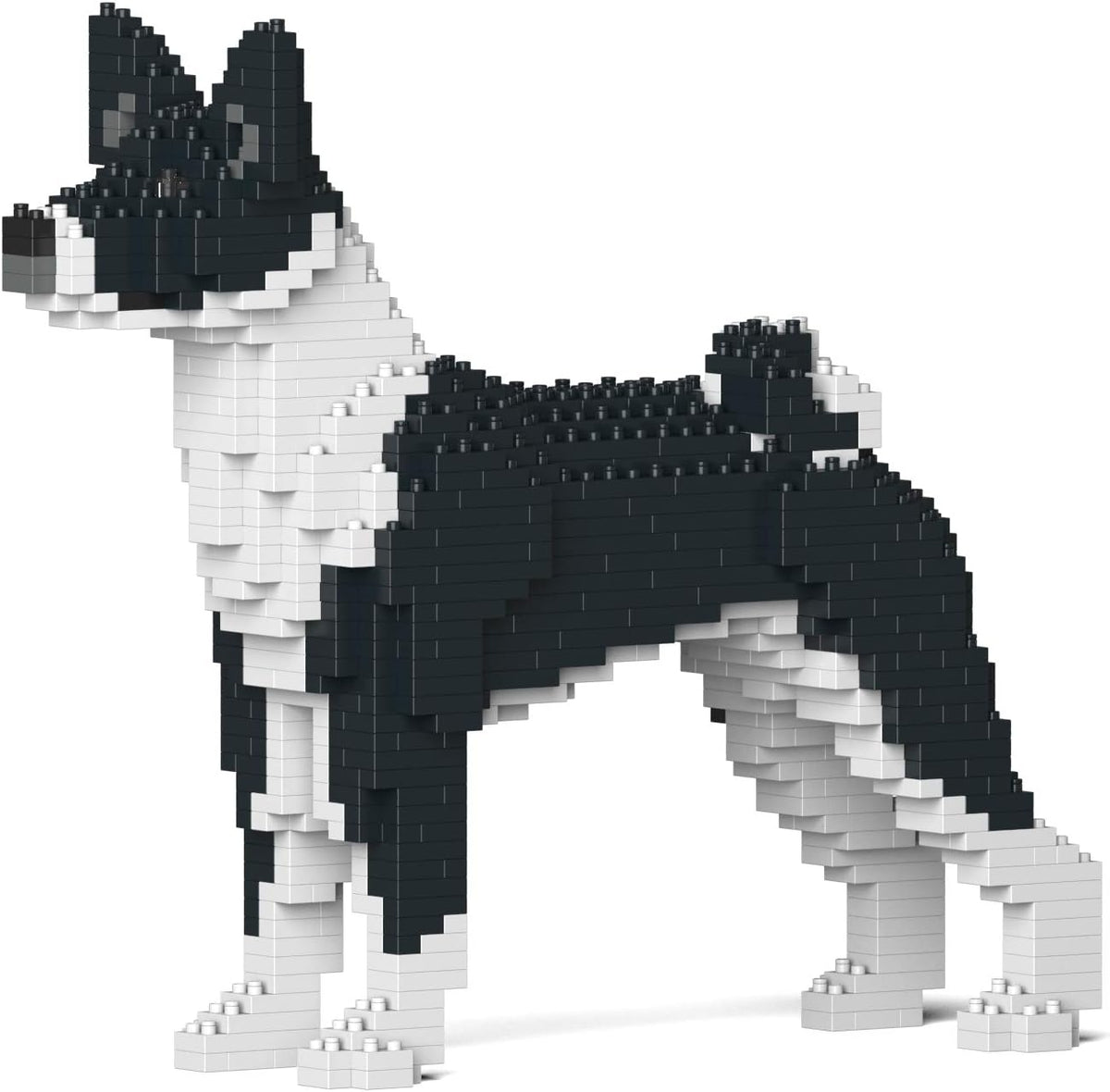 Brick-built Basenji dog sculpture with curled tail in orange and white