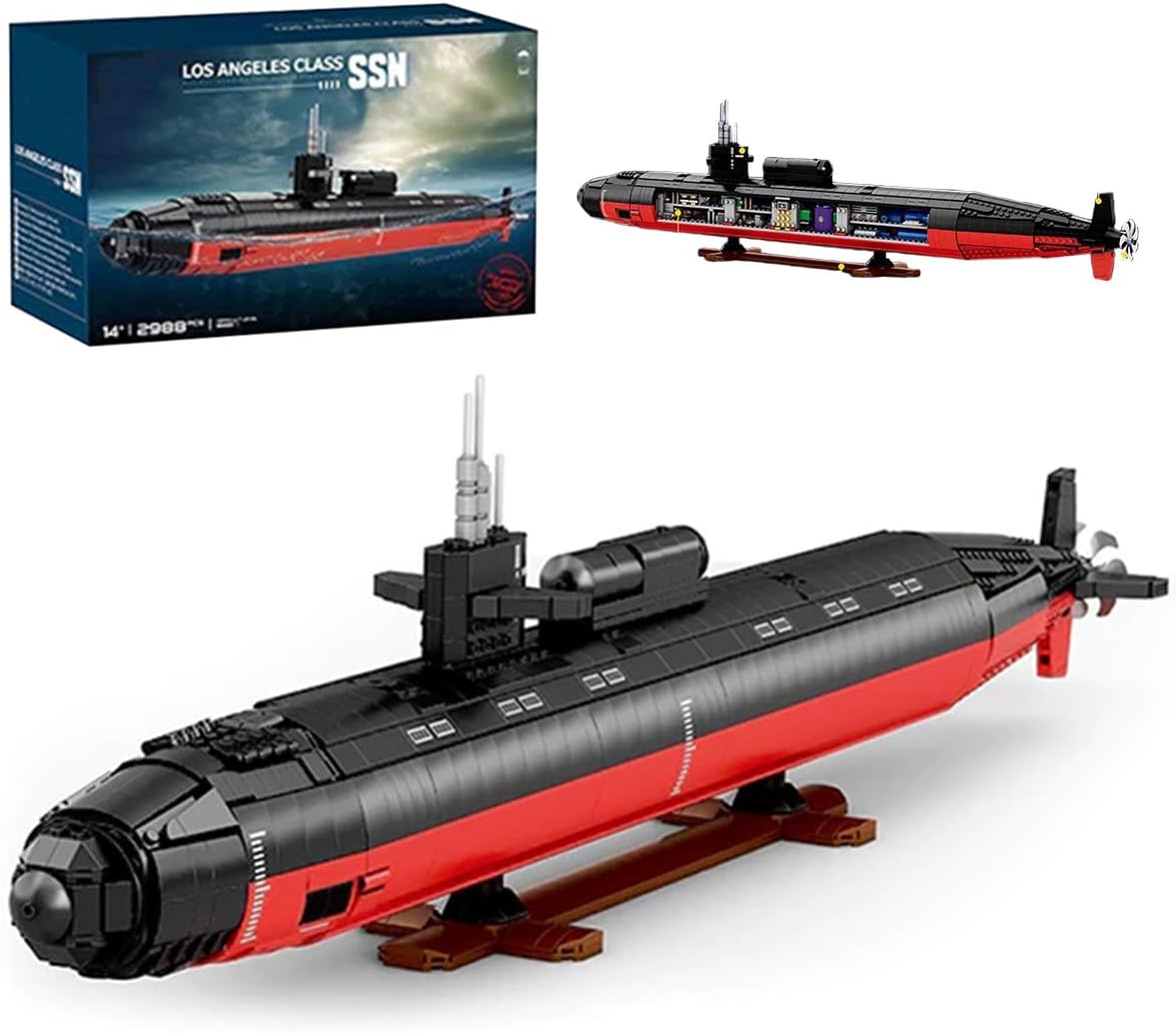Brick-built Los Angeles-class nuclear submarine on a display stand