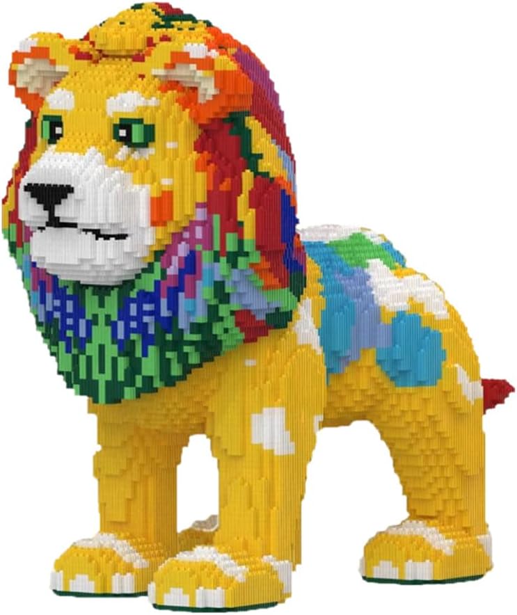Micro brick lion model standing upright, about 50 cm tall, with detailed mane