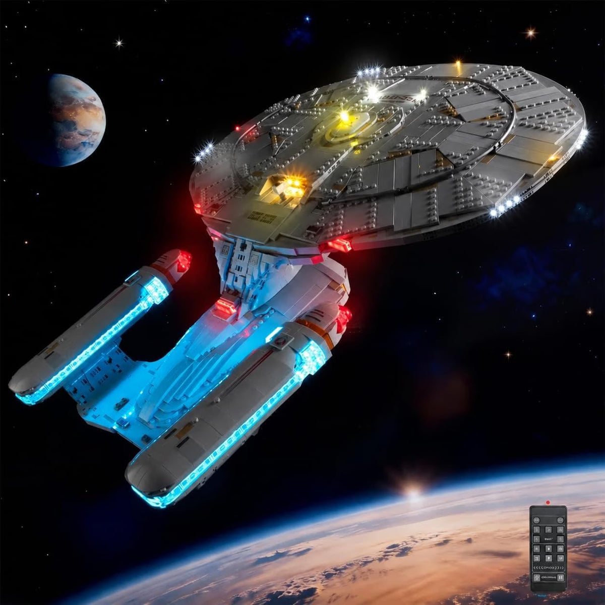 Sci-fi exploration starship brick model lit by LED lights on its saucer and engines