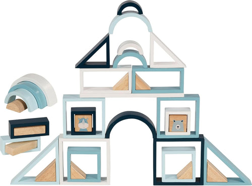 Colorful wooden building blocks with hippo and polar bear in a wooden box